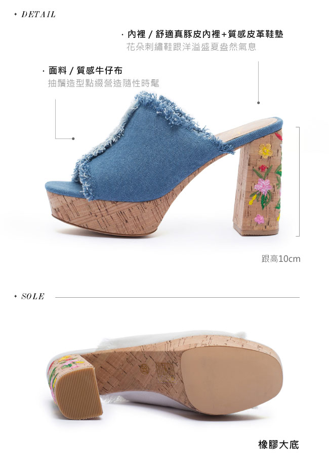 拖鞋 MODA Luxury 優雅隨性抽鬚設計刺繡防水台高跟拖鞋－藍