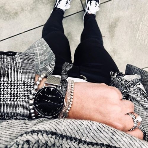 Elie Beaumont 英國時尚手錶 牛津米蘭錶帶系列 黑錶盤x銀色錶帶錶框38mm