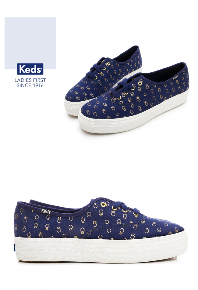 Keds TRIPLE 燙金印花綁帶休閒鞋-藍