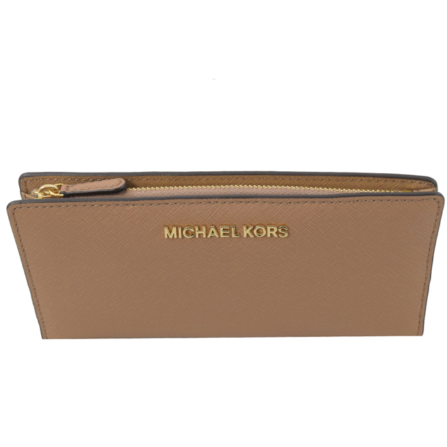 MICHAEL KORS Jet Set金屬logo防刮牛皮對開長夾(咖)