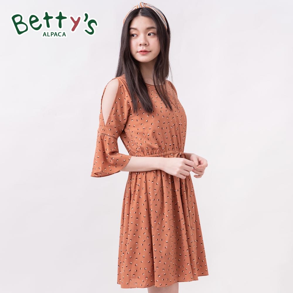 betty’s貝蒂思　圓點印花挖肩收腰鐘型袖洋裝(橘色)