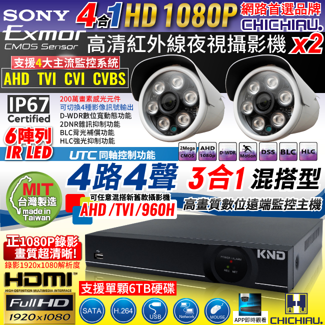 奇巧 4路1080P台製KND單硬碟款主機-含四合一SONY 200萬攝影機x2