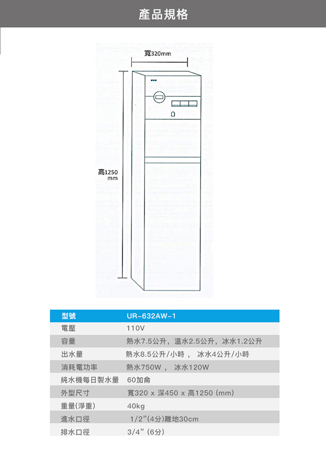 賀眾牌冰溫熱純水飲水機UR-632AW-1