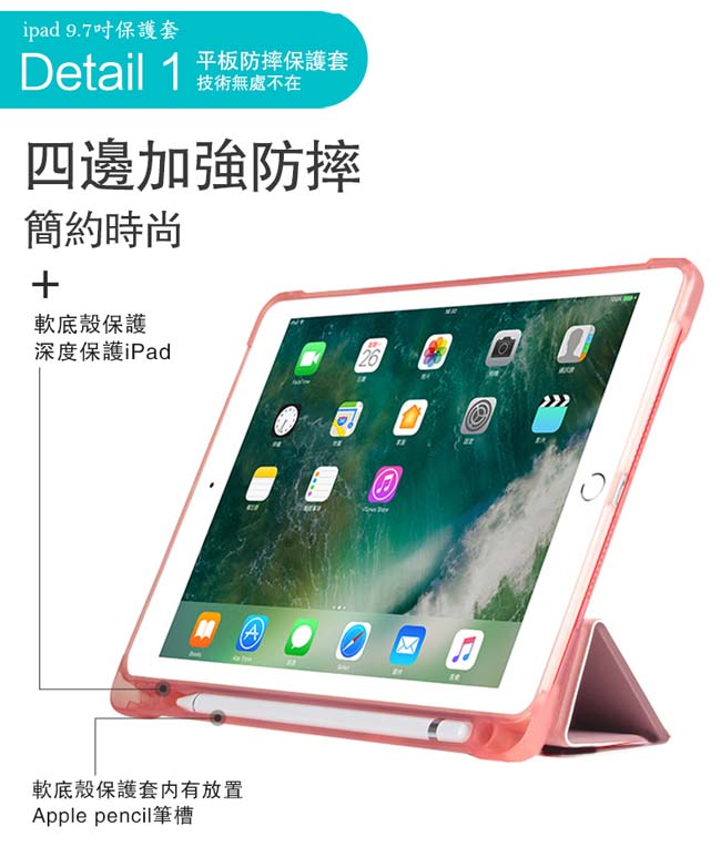 Apple蘋果 iPad 9.7吋2017/2018版TPU筆槽三折連體保護皮套