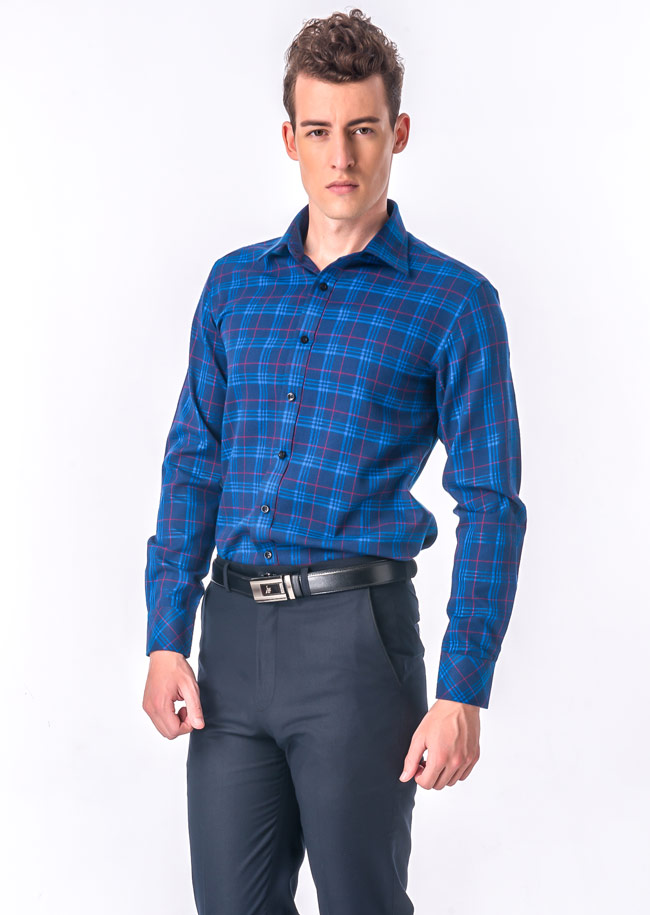 金‧安德森 藍色格紋紅線厚暖窄版長袖襯衫