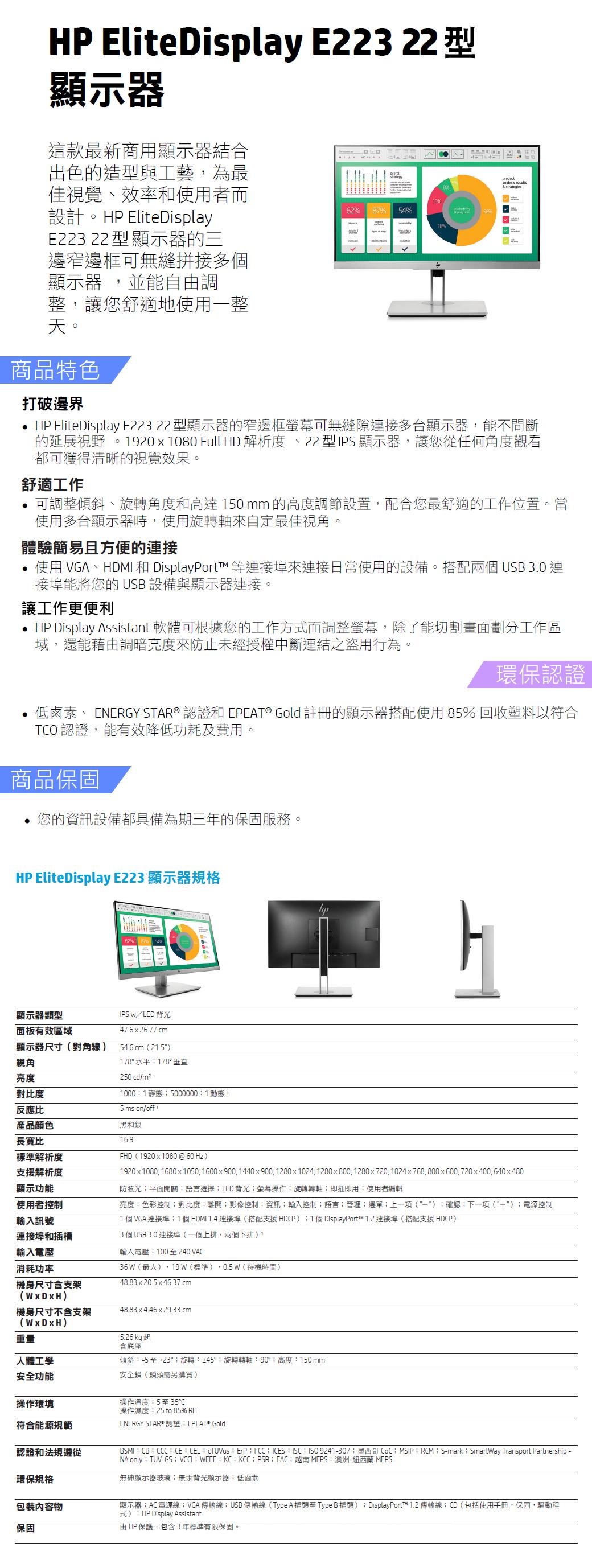 HP EliteDisplay E223 21.5吋 IPS 防炫光電腦螢幕