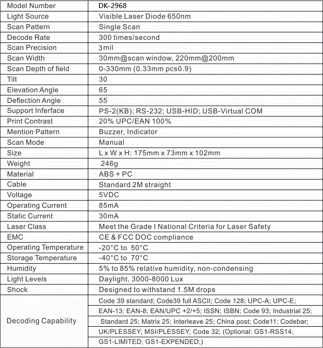 DK-2968耐撞擊有線雷射條碼掃描器/支援MAC