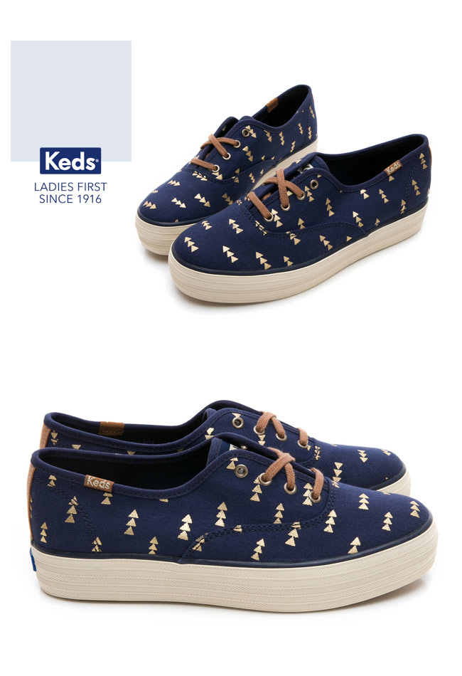 Keds TRIPLE 森林圖騰綁帶厚底休閒鞋-藍色