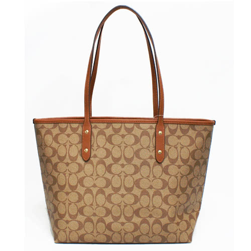 COACH 經典C LOGO防刮PVC皮革肩背大托特包(焦糖)