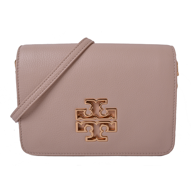 TORY BURCH BRITTEN 鏤空大LOGO掀蓋式荔枝紋鍊帶斜背包-芭蕾粉