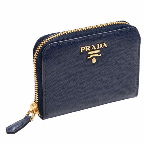 PRADA SAFFIANO METAL金色浮雕LOGO防刮牛皮拉鍊卡夾/零錢包(墨藍)