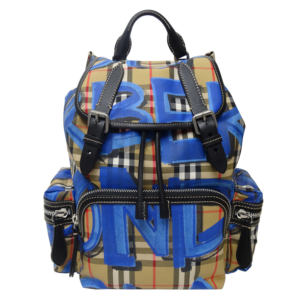 BURBERRY THE RUCKSACK 系列塗鴉格紋帆布中款後背包(藍色)