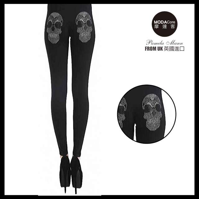 摩達客 英國進口義大利製Pamela Mann搖滾骷髏金屬感貼鑽黑色內搭褲