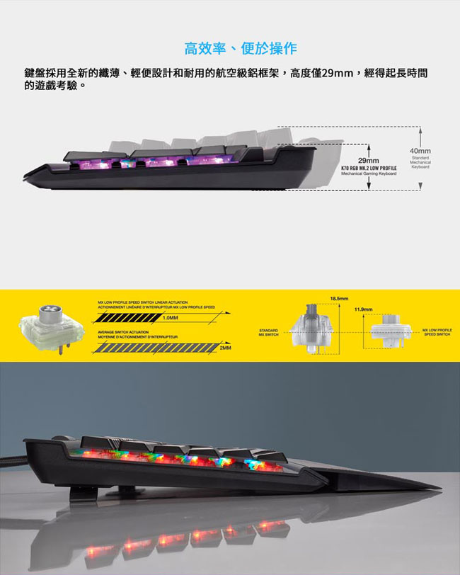 【CORSAIR】K70 RGB MK.2 緊湊型電競鍵盤-Low Profile銀軸/英