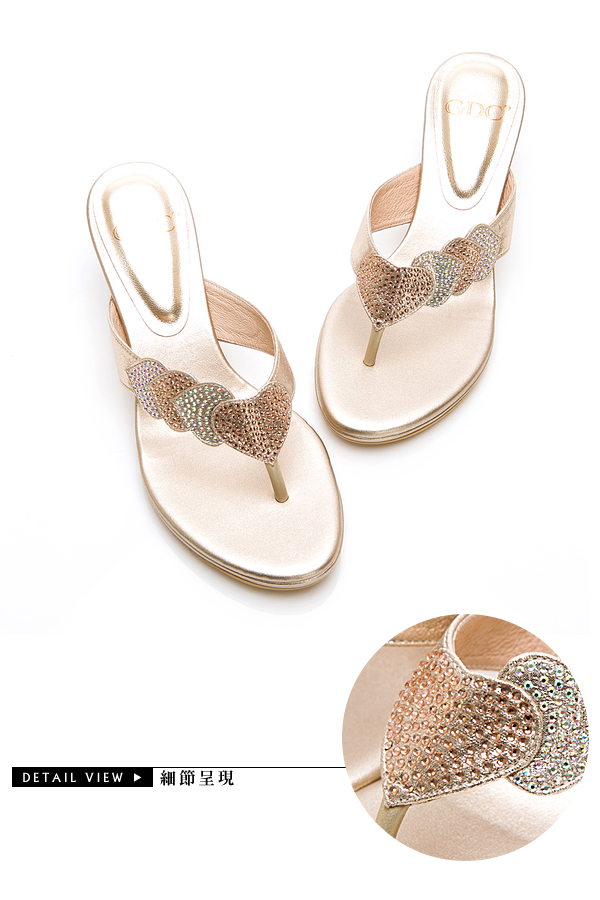 GDC-小典雅環繞水鑽閃爍低跟夾腳拖鞋-金色