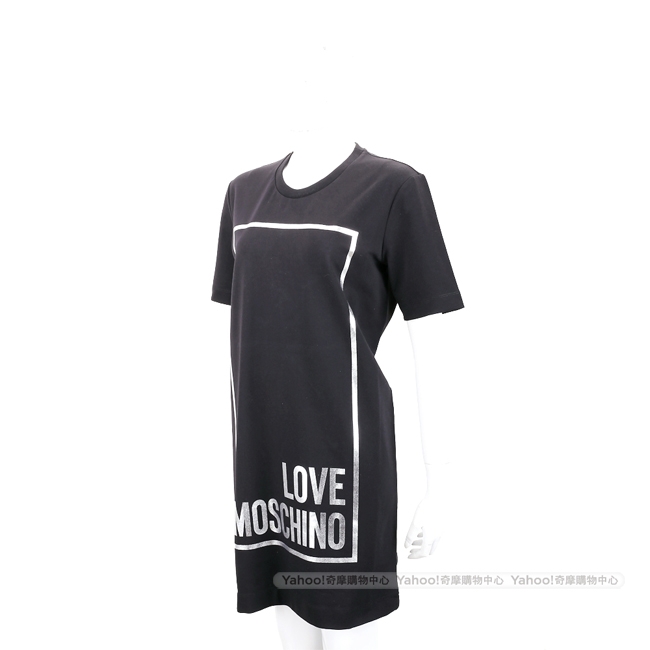 LOVE MOSCHINO 燙銀方框字母黑色棉質短袖洋裝