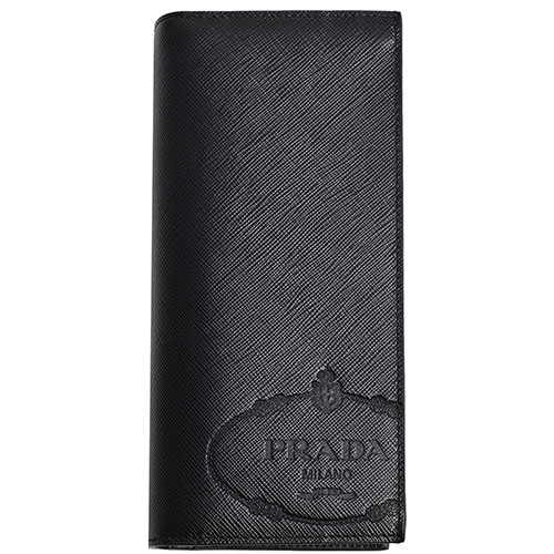 PRADA SAFFIANO PRINT 品牌大圖騰LOGO防刮牛皮對折長夾(黑)