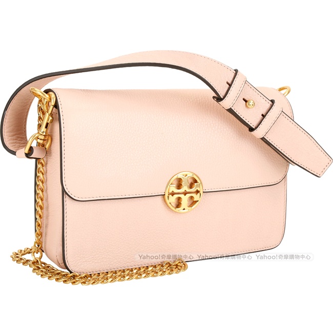 TORY BURCH Chelsea 黃銅雙T附短背帶牛皮肩背手提包(粉杏色)