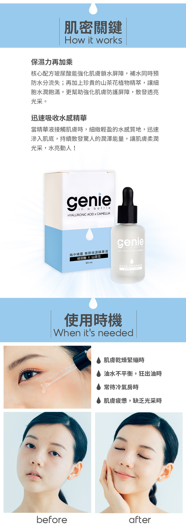 Genie瓶中精靈 無限保濕精華液 玻尿酸X山茶花 30ml