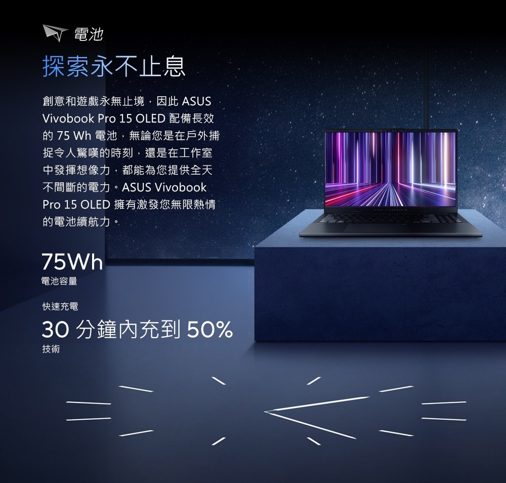 電池探索永不止息創意和遊戲永無止境因此 ASUSVivobook Pro 15 OLED 配備長效 75 Wh 電池,無論您是在戶外捕捉令人驚嘆的時刻,還是在工作室中發揮想像力,都能為您提供全天不間斷的電力。ASUS VivobookPro 15 OLED 擁有激發您無限熱情的電池續航力。75Wh電池容量快速充電30 分鐘內充到 50%技術