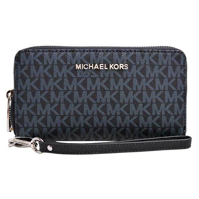 MICHAEL KORS JET SET TRAVE銀金字LOGO滿版防刮皮革皮夾-海軍藍