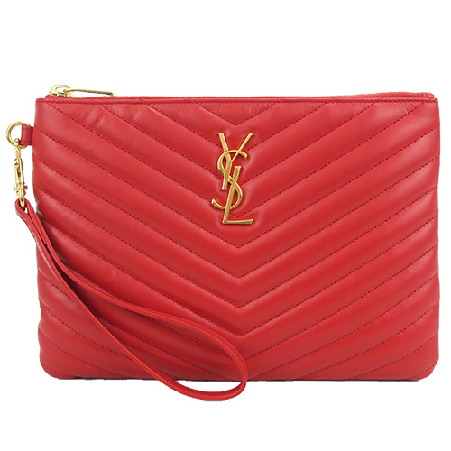 YSL 經典MONOGRAM V縫線 金LOGO手拿包(紅)