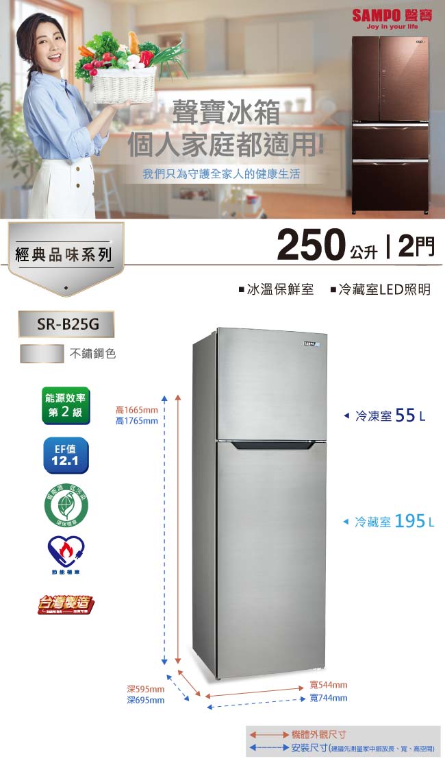 SAMPO聲寶 250L 2級定頻2門電冰箱 SR-B25G 不銹鋼色﻿