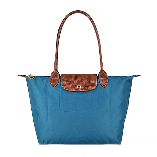 LONGCHAMP LE PLIAGE壓印LOGO長提把尼龍摺疊拉鍊肩背包(小/孔雀藍)