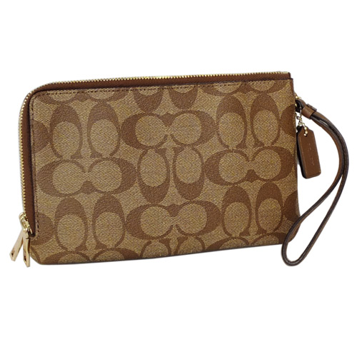 COACH卡其C Logo摩卡真皮掛帶拉鍊雙層手拿包(大)