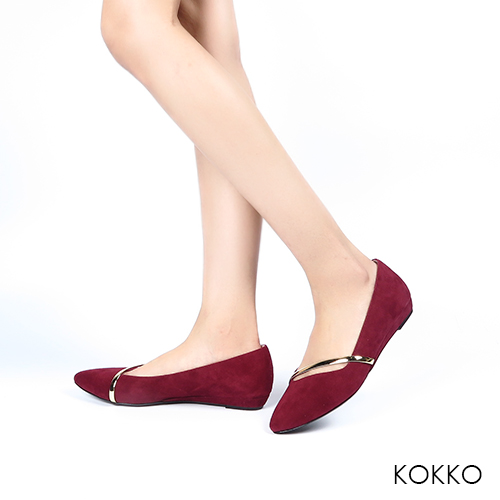 KOKKO - 輕奢女神金屬尖頭楔型真皮鞋-紅