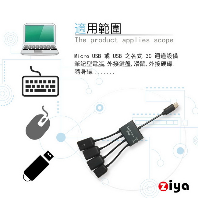 [ZIYA] USB TYPE-C OTG 傳輸線 隨身款 1轉4孔