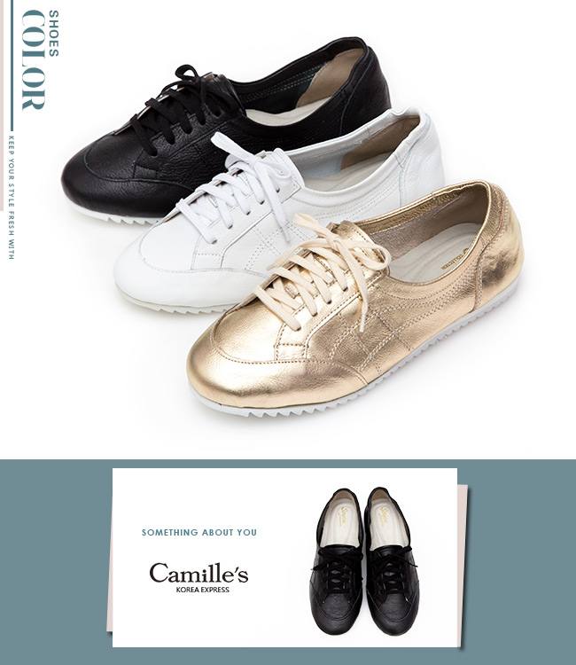 Camille’s 韓國空運-全真皮復古綁帶小白鞋-黑色
