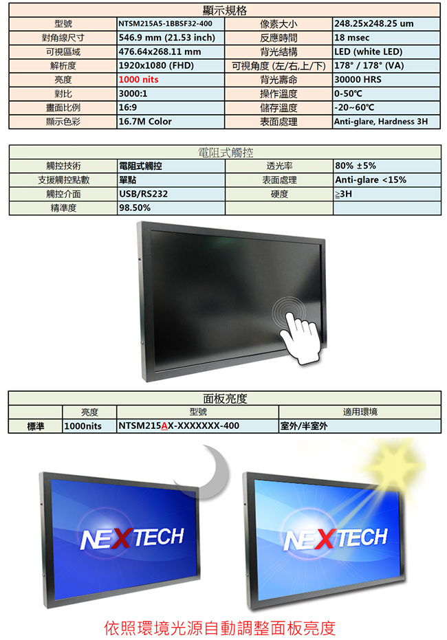 Nextech M系列 21.5 室外型 電阻式觸控螢幕 (高亮度)