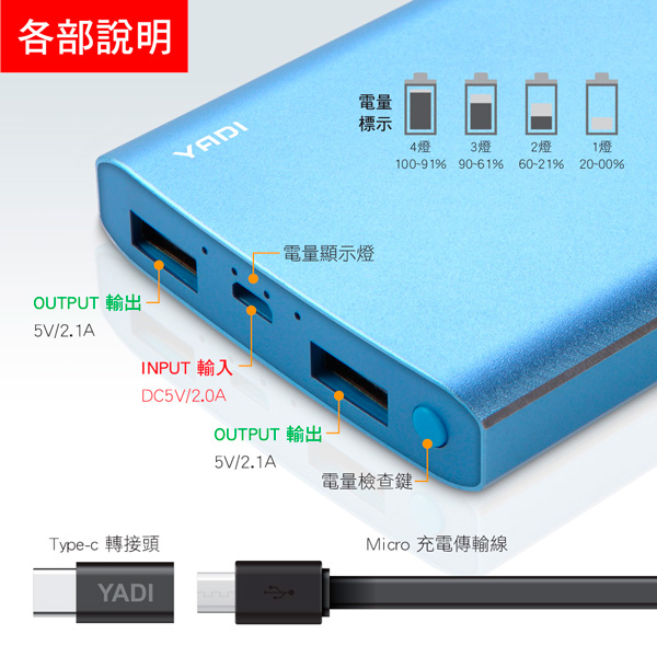 YADI 13000 X3 移動電源/大容量/BSMI/台灣製造/雙輸出/鋰聚電池-香檳金