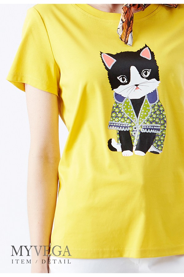 【麥雪爾】純棉素色貴族貓咪印花上衣-黃