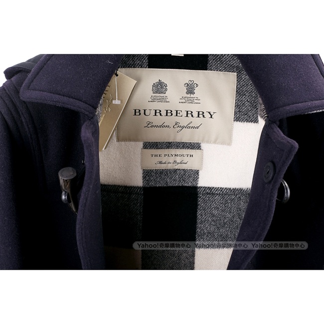 BURBERRY The Plymouth 男/女款 牛角釦海軍藍粗呢羊毛連帽大衣