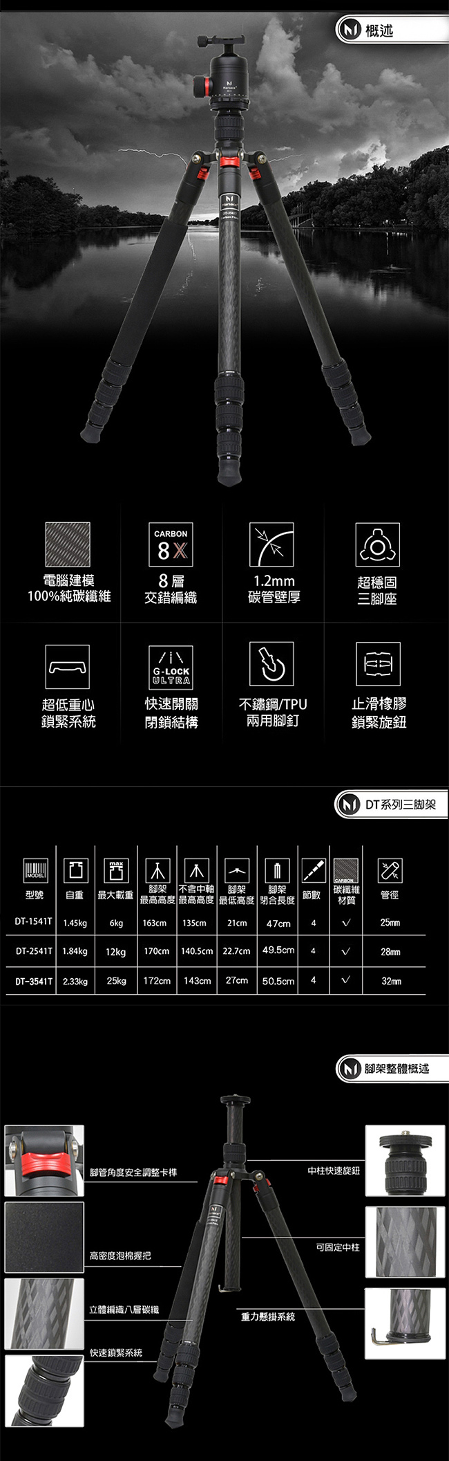 Marsace DT-3541T碳纖維反折三腳架套組(公司貨)