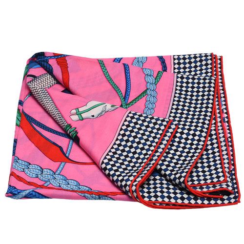 HERMES Fouets et Badines獵鞭圖騰喀什米爾混絲方型披巾/圍巾(玫粉)