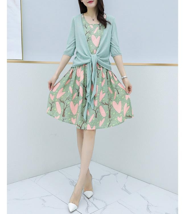 中大尺碼蘋果綠薄針織綁帶罩衫加樹林印花背心裙套裝XL~4L-Ballet Dolly