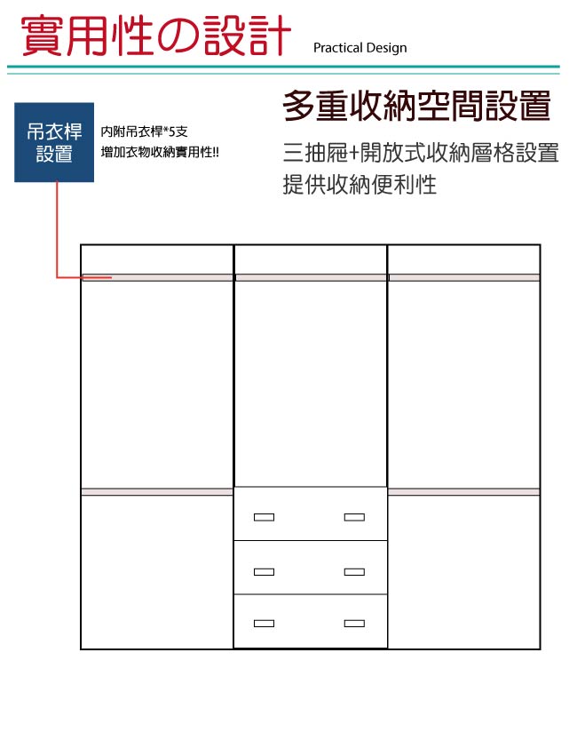 文創集 波泰8.2尺木紋衣櫃(吊衣桿＋三抽屜)-245.4x56x203cm-免組