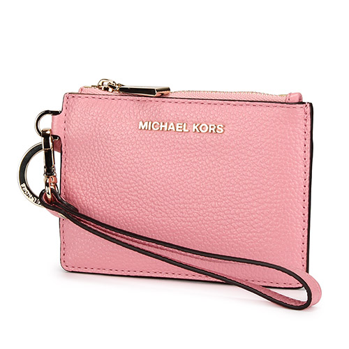 MICHAEL KORS Mercer 金LOGO荔枝紋皮革證件零錢手拿包-康乃馨粉色