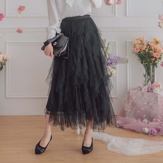 東京著衣-YOCO 浪漫仙氣彈性腰頭荷葉多層次紗裙(共兩色)