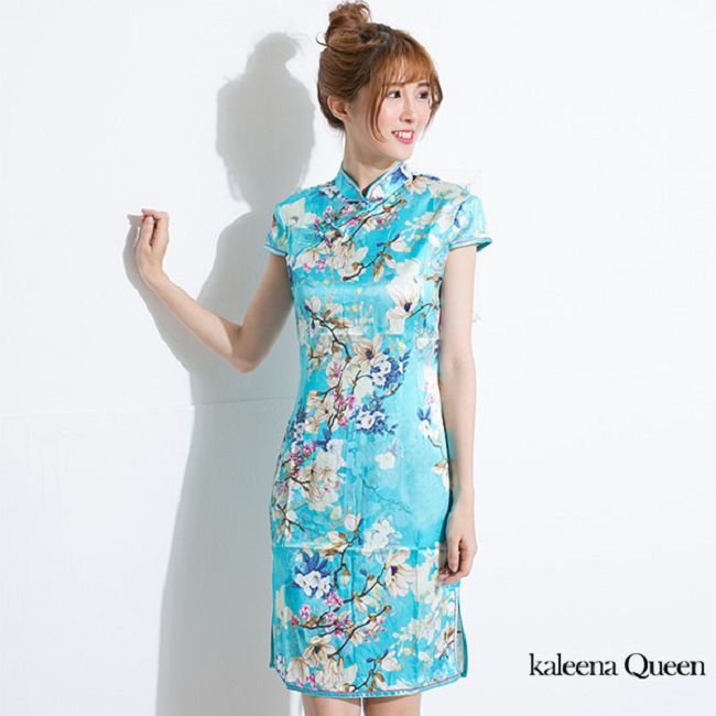 Kaleena Queen 水色花彩高級蠶絲旗袍-水藍
