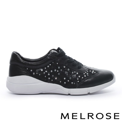 休閒鞋 MELROSE 異材質拼接華麗白鑽刺繡網布綁帶厚底休閒鞋－黑