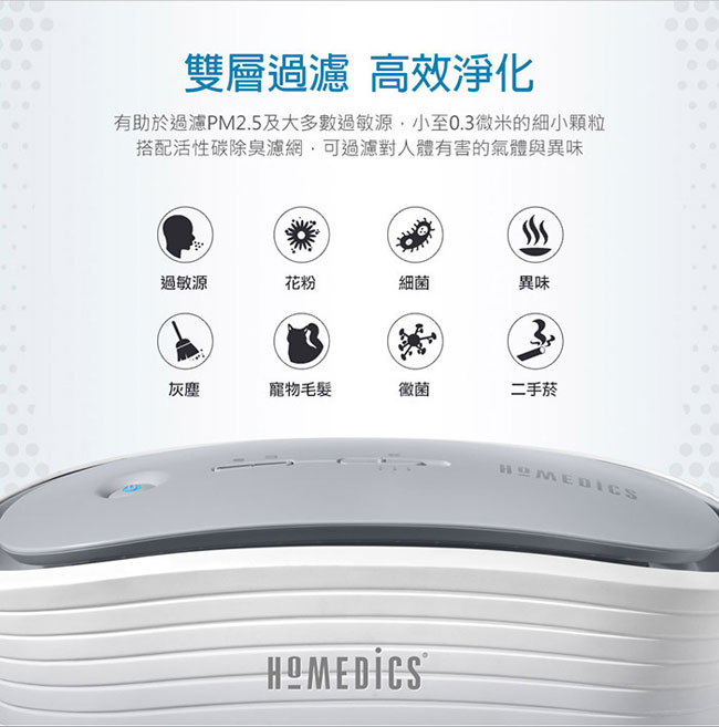 美國HOMEDICS 3-5坪 TRUE HEPA 雙效過濾抗敏空氣清淨機 AP-15