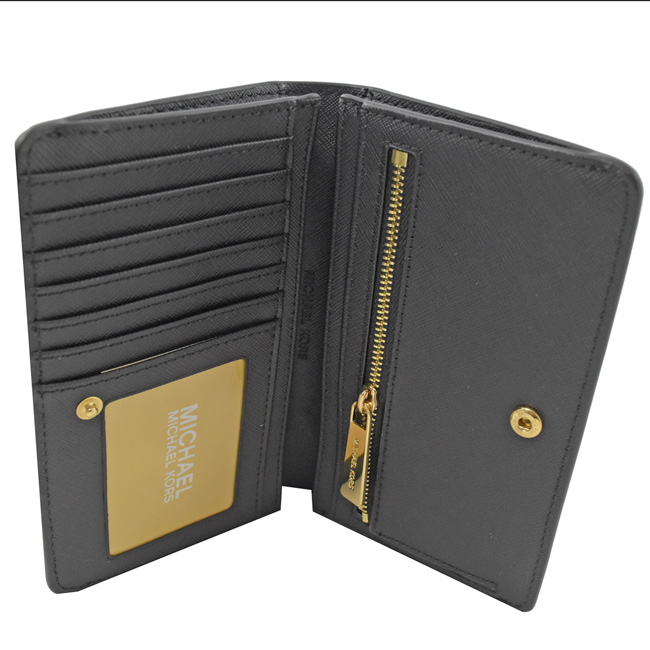 MICHAEL KORS Jet Set 金屬logo牛皮對開中夾(黑)