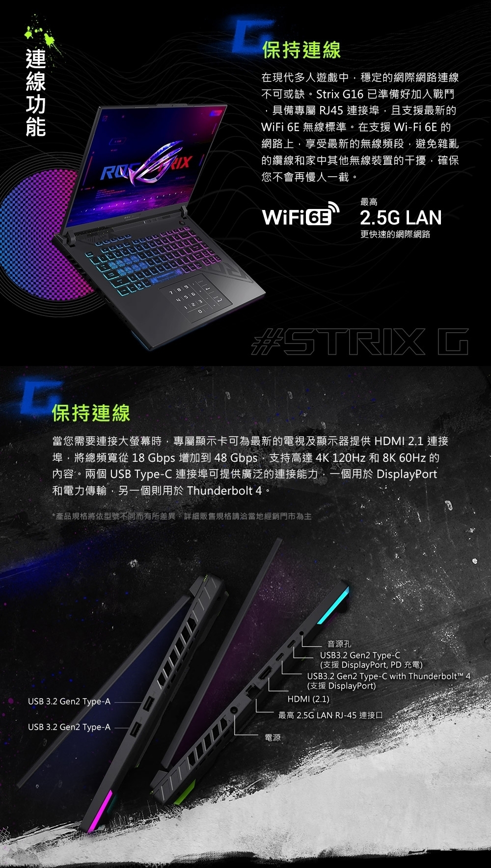 RB保持連線在現代多人遊戲中穩定網際網路連線不可或缺。Strix G16 已準備好加入戰鬥具備專屬 RJ45連接埠且支援最新的WiFi 6E 無線標準。在支援 Wi-Fi 6E 的網路上享受最新的無線頻段避免雜亂的纜線和家中其他無線裝置的干擾確保您不會再慢人一截。最高 2.5G LAN更快速的網際網路#STRIX G保持連線當您需要連接大螢幕時專屬顯示卡可為最新的電視及顯示器提供 HDMI 2.1 連接埠,將總頻寬從 18 Gbps 增加到48 Gbps,支持高達 4K 120Hz 和8K 60Hz 的內容。兩個 USB Type-C 連接埠可提供廣泛的連接能力,一個用於 DisplayPort和電力傳輸,另一個則用於 Thunderbolt 4。*產品規格將依型號不同而有所差異,詳細販售規格請洽當地經銷門市為主USB 3.2 Gen2 Type-AUSB 3.2 Gen2 Type-A電源音源孔USB3.2 Gen2 Type-C(支援 DisplayPort, PD 充電)USB3.2 Gen2 Type-C with Thunderbolt™ 4(支援 DisplayPort)HDMI (2.1)最高 2.5G LAN RJ-45 連接口