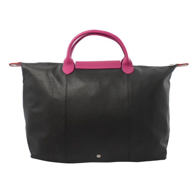 LONGCHAMP Le Pliage Cuir 拼色小羊皮短把兩用包(黑桃/L)