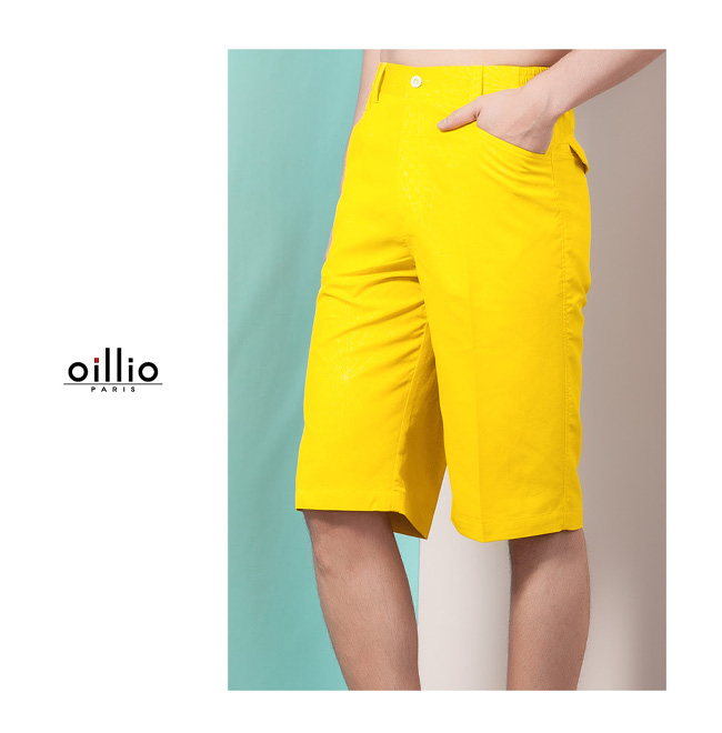 oillio歐洲貴族 休閒超柔短褲 亮眼色系 細膩花紋 黃色