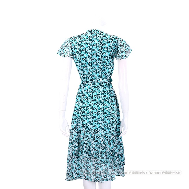 Michael Kors 不對稱裙襬藍綠色印花深V領洋裝